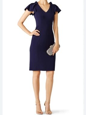 Badgley‎ Mischka Tulip Shoulder Sheath Dress in Navy Blue sz 2